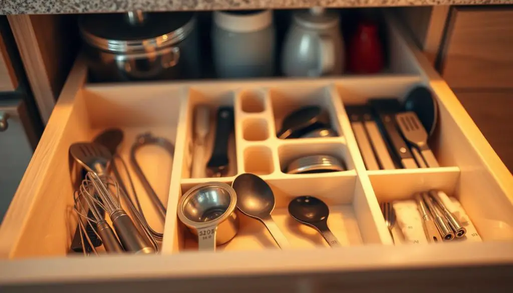 A well-organized small kitchen drawer with neatly partitioned compartments, featuring a variety of kitchen tools and utensils. The drawer is illuminated by warm, soft lighting, casting a cozy glow over the meticulously arranged items. The foreground showcases a selection of essential cooking implements, such as measuring spoons, whisks, and spatulas, all precisely positioned. In the middle ground, there are cleverly designed compartments and dividers that maximize the available space, creating a visually appealing and efficient storage solution. The background subtly blends with the overall aesthetic, hinting at the broader kitchen environment. The image conveys a sense of order, functionality, and a thoughtful approach to small-space organization. A well-organized small kitchen drawer with neatly partitioned compartments, featuring a variety of kitchen tools and utensils. The drawer is illuminated by warm, soft lighting, casting a cozy glow over the meticulously arranged items. The foreground showcases a selection of essential cooking implements, such as measuring spoons, whisks, and spatulas, all precisely positioned. In the middle ground, there are cleverly designed compartments and dividers that maximize the available space, creating a visually appealing and efficient storage solution. The background subtly blends with the overall aesthetic, hinting at the broader kitchen environment. The image conveys a sense of order, functionality, and a thoughtful approach to small-space organization.