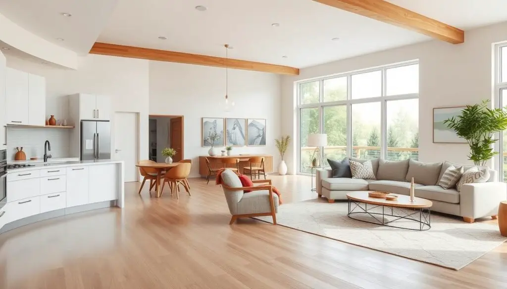 Airy and bright open concept layout with clean lines and a seamless flow between kitchen, dining, and living areas. Minimalist aesthetic with natural wood accents and large windows allowing ample natural light. Sleek kitchen with white cabinets and stainless steel appliances, adjoining a cozy dining nook with a round wooden table and simple pendant lighting. Spacious living room featuring a plush L-shaped sofa, accent chairs, and a low coffee table, all arranged around a central rug. Subtle textures and muted color palette create a calming, cohesive ambiance throughout the space. Airy and bright open concept layout with clean lines and a seamless flow between kitchen, dining, and living areas. Minimalist aesthetic with natural wood accents and large windows allowing ample natural light. Sleek kitchen with white cabinets and stainless steel appliances, adjoining a cozy dining nook with a round wooden table and simple pendant lighting. Spacious living room featuring a plush L-shaped sofa, accent chairs, and a low coffee table, all arranged around a central rug. Subtle textures and muted color palette create a calming, cohesive ambiance throughout the space.