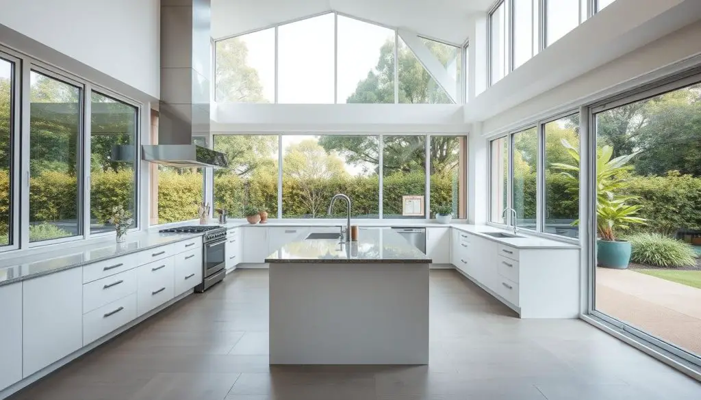 An airy, open-concept kitchen with large, floor-to-ceiling windows that flood the space with natural light. The kitchen features sleek, modern white cabinets, a spacious granite island, and stainless steel appliances. The windows offer panoramic views of a lush, verdant garden outside, creating a seamless indoor-outdoor connection. The kitchen has a warm, inviting atmosphere, with soft, diffused lighting creating a cozy, welcoming ambiance. The overall design is clean, minimalist, and emphasizes the flow of the space, making it feel bright, open, and conducive to both meal preparation and casual dining. An airy, open-concept kitchen with large, floor-to-ceiling windows that flood the space with natural light. The kitchen features sleek, modern white cabinets, a spacious granite island, and stainless steel appliances. The windows offer panoramic views of a lush, verdant garden outside, creating a seamless indoor-outdoor connection. The kitchen has a warm, inviting atmosphere, with soft, diffused lighting creating a cozy, welcoming ambiance. The overall design is clean, minimalist, and emphasizes the flow of the space, making it feel bright, open, and conducive to both meal preparation and casual dining.