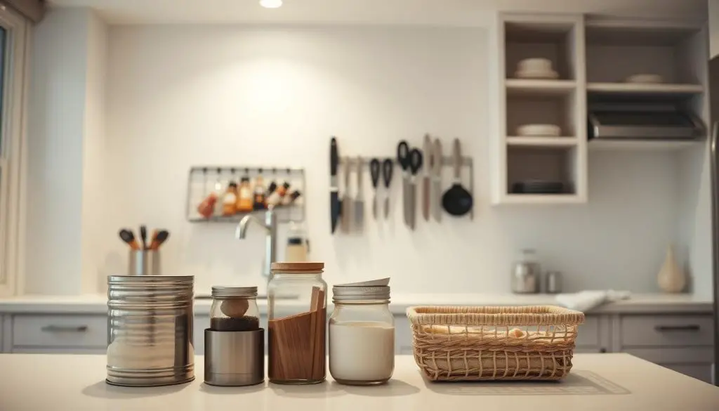 An elegant, well-lit kitchen with sleek modern appliances and a minimalist aesthetic. In the foreground, an array of household items - a repurposed tin can, a mason jar, and a hanging basket - organized neatly on the countertop, showcasing clever storage solutions. The middle ground features a wall-mounted spice rack and a magnetic knife strip, maximizing vertical space. In the background, a clean white backsplash and simple open shelving unit, creating a sense of order and efficiency. The overall mood is one of calm, streamlined functionality, capturing the essence of space-saving organization in a small kitchen. An elegant, well-lit kitchen with sleek modern appliances and a minimalist aesthetic. In the foreground, an array of household items - a repurposed tin can, a mason jar, and a hanging basket - organized neatly on the countertop, showcasing clever storage solutions. The middle ground features a wall-mounted spice rack and a magnetic knife strip, maximizing vertical space. In the background, a clean white backsplash and simple open shelving unit, creating a sense of order and efficiency. The overall mood is one of calm, streamlined functionality, capturing the essence of space-saving organization in a small kitchen.