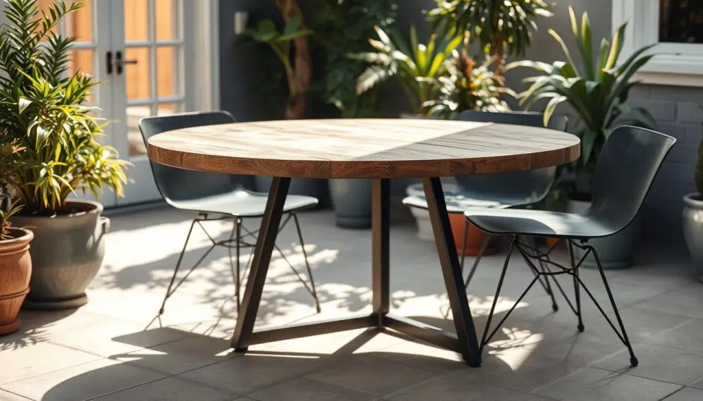 An outdoor-inspired round kitchen table with a rustic, weathered wooden top and sleek metal legs. The table is set in a sunlit patio or backyard, surrounded by lush greenery and potted plants. Soft, natural lighting filters through the space, casting warm shadows and highlights on the table's surface. The overall vibe is one of relaxed, al fresco dining, blending the indoors and outdoors seamlessly. The table is accompanied by a set of stylish, minimalist chairs that complement the industrial-chic aesthetic. The scene captures the essence of a cozy, inviting space perfect for intimate meals or casual gatherings. An outdoor-inspired round kitchen table with a rustic, weathered wooden top and sleek metal legs. The table is set in a sunlit patio or backyard, surrounded by lush greenery and potted plants. Soft, natural lighting filters through the space, casting warm shadows and highlights on the table's surface. The overall vibe is one of relaxed, al fresco dining, blending the indoors and outdoors seamlessly. The table is accompanied by a set of stylish, minimalist chairs that complement the industrial-chic aesthetic. The scene captures the essence of a cozy, inviting space perfect for intimate meals or casual gatherings.