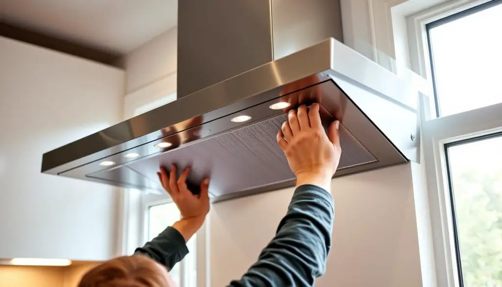 Detailed image of a modern kitchen range hood installation process. A technician carefully mounts a sleek, stainless steel range hood above a cooking surface, meticulously aligning it and securing it to the wall. The installation is well-lit, with soft natural light filtering in through nearby windows, creating a warm, welcoming ambiance. The range hood's design seamlessly blends with the kitchen's contemporary aesthetic, featuring clean lines and a minimalist silhouette. The technician's hands are focused, their movements precise, as they complete each step of the installation with expertise. The final result showcases the range hood's elegant integration into the kitchen, ready to provide efficient ventilation and enhance the culinary experience. Detailed image of a modern kitchen range hood installation process. A technician carefully mounts a sleek, stainless steel range hood above a cooking surface, meticulously aligning it and securing it to the wall. The installation is well-lit, with soft natural light filtering in through nearby windows, creating a warm, welcoming ambiance. The range hood's design seamlessly blends with the kitchen's contemporary aesthetic, featuring clean lines and a minimalist silhouette. The technician's hands are focused, their movements precise, as they complete each step of the installation with expertise. The final result showcases the range hood's elegant integration into the kitchen, ready to provide efficient ventilation and enhance the culinary experience.
