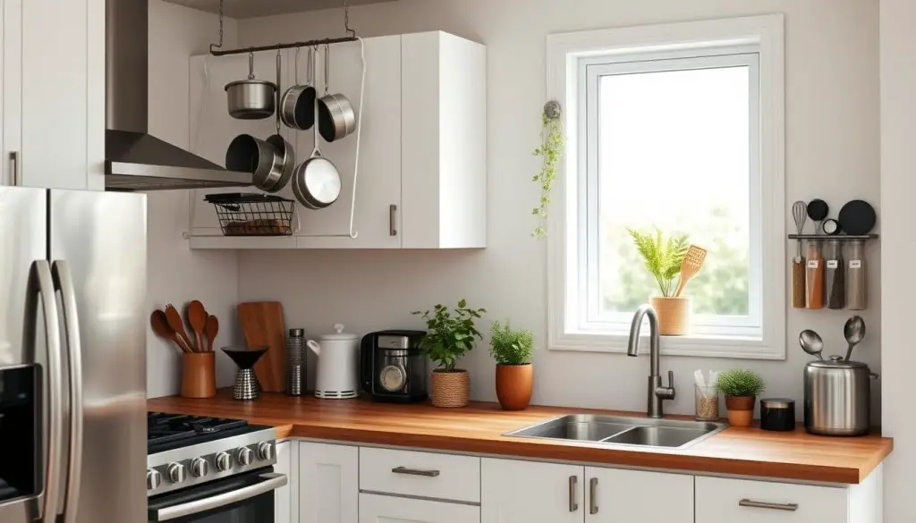 Detailed kitchen counter space organization, soft natural lighting from large window, stainless steel appliances, wooden butcher block countertop, sleek white cabinets, carefully curated storage solutions like hanging pot rack, spice jars, and utensil holder, clutter-free minimalist aesthetic, slightly elevated angle for full view of organized workspace, neutral color palette with pops of greenery, clean and efficient layout to maximize limited counter space. Detailed kitchen counter space organization, soft natural lighting from large window, stainless steel appliances, wooden butcher block countertop, sleek white cabinets, carefully curated storage solutions like hanging pot rack, spice jars, and utensil holder, clutter-free minimalist aesthetic, slightly elevated angle for full view of organized workspace, neutral color palette with pops of greenery, clean and efficient layout to maximize limited counter space.