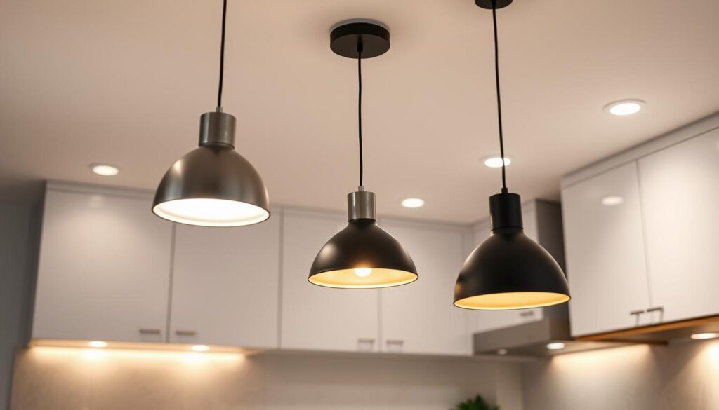 Highly detailed image of modern, low-profile lighting fixtures for low ceilings in a contemporary kitchen. Sleek, minimalist LED pendant lights in brushed metal or matte black finishes, softly illuminating the countertops and workspace. Recessed ceiling lights with a subtle glow, evenly distributing ambient light. Undercabinet task lighting, casting a warm, directional beam to highlight specific areas. The scene conveys a sense of clean, unobtrusive elegance, perfect for a small kitchen with limited vertical space. Highly detailed image of modern, low-profile lighting fixtures for low ceilings in a contemporary kitchen. Sleek, minimalist LED pendant lights in brushed metal or matte black finishes, softly illuminating the countertops and workspace. Recessed ceiling lights with a subtle glow, evenly distributing ambient light. Undercabinet task lighting, casting a warm, directional beam to highlight specific areas. The scene conveys a sense of clean, unobtrusive elegance, perfect for a small kitchen with limited vertical space.
