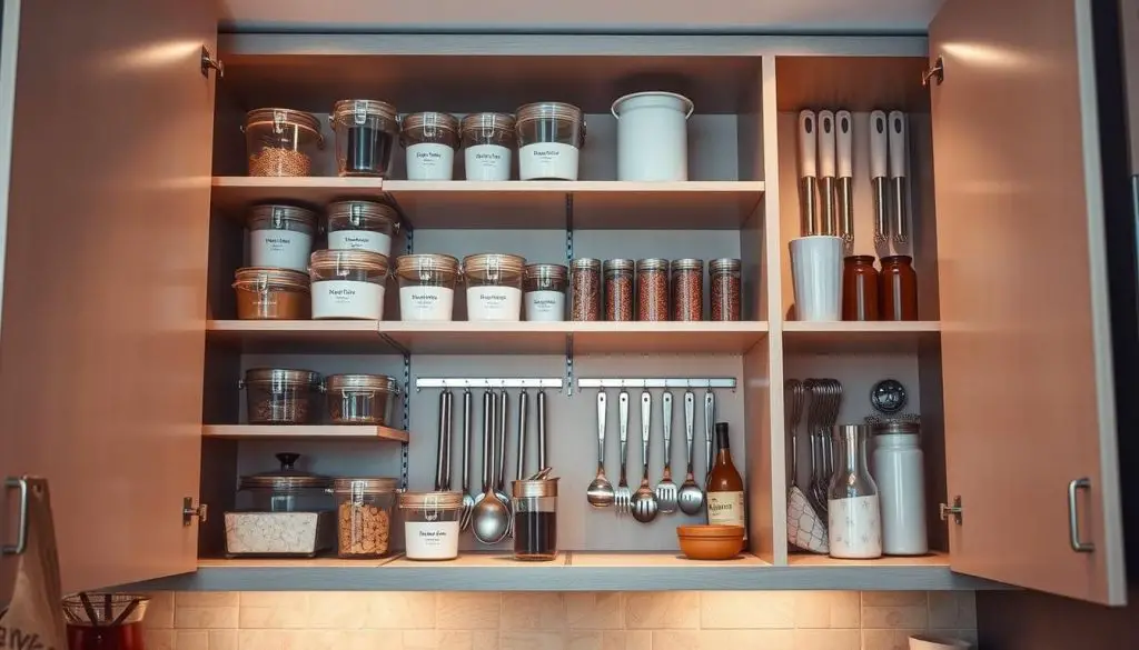 Optimized kitchen storage ideas: Sleek, space-saving cabinets neatly arranged, showcasing clever organization solutions - tiered shelves, labeled containers, hanging utensils, and creative use of vertical space. Soft, warm lighting illuminates the meticulously organized interior, creating an inviting, efficient atmosphere. The camera captures a clean, minimalist aesthetic from a slightly elevated angle, emphasizing the thoughtful, practical design. Muted, earthy tones complement the modern, functional layout, resulting in a harmonious, visually appealing representation of optimized cabinet storage for a small kitchen. Optimized kitchen storage ideas: Sleek, space-saving cabinets neatly arranged, showcasing clever organization solutions - tiered shelves, labeled containers, hanging utensils, and creative use of vertical space. Soft, warm lighting illuminates the meticulously organized interior, creating an inviting, efficient atmosphere. The camera captures a clean, minimalist aesthetic from a slightly elevated angle, emphasizing the thoughtful, practical design. Muted, earthy tones complement the modern, functional layout, resulting in a harmonious, visually appealing representation of optimized cabinet storage for a small kitchen.