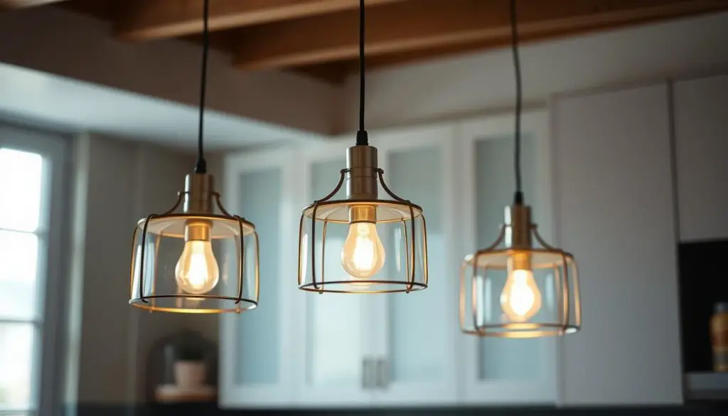 Pendant lights, their delicate silhouettes dancing in the intimate, cozy glow of a low-ceilinged kitchen. A carefully curated trio, their metallic frames gleaming, suspended in perfect harmony. Diffused light filters through the shades, casting a warm, ambient illumination that softens the edges of the space. The pendant's height is meticulously considered, neither too high to overwhelm, nor too low to obstruct the flow. Minimal yet impactful, these pendants elevate the practical with a touch of elegant simplicity, creating a sense of refined sophistication in the heart of the home. Pendant lights, their delicate silhouettes dancing in the intimate, cozy glow of a low-ceilinged kitchen. A carefully curated trio, their metallic frames gleaming, suspended in perfect harmony. Diffused light filters through the shades, casting a warm, ambient illumination that softens the edges of the space. The pendant's height is meticulously considered, neither too high to overwhelm, nor too low to obstruct the flow. Minimal yet impactful, these pendants elevate the practical with a touch of elegant simplicity, creating a sense of refined sophistication in the heart of the home.