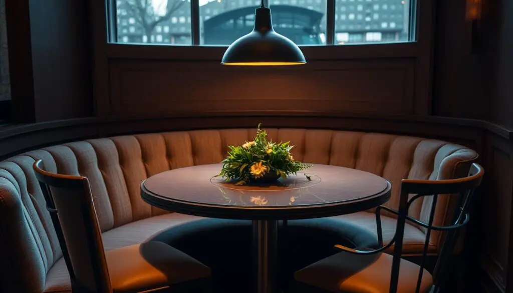 Upholstered round table for intimate dining, set in a cozy, well-lit space. The table's curved silhouette is draped in a plush, textured fabric, creating a inviting and comfortable seating area. Warm lighting from a pendant fixture above casts a soft glow, accentuating the table's refined details. The tabletop is polished, reflecting the surrounding decor. Lush greenery or a simple floral centerpiece adds a natural touch. Wooden or metal chairs with cushioned seats surround the table, completing the intimate, refined ambiance perfect for small gatherings and meals. Upholstered round table for intimate dining, set in a cozy, well-lit space. The table's curved silhouette is draped in a plush, textured fabric, creating a inviting and comfortable seating area. Warm lighting from a pendant fixture above casts a soft glow, accentuating the table's refined details. The tabletop is polished, reflecting the surrounding decor. Lush greenery or a simple floral centerpiece adds a natural touch. Wooden or metal chairs with cushioned seats surround the table, completing the intimate, refined ambiance perfect for small gatherings and meals.