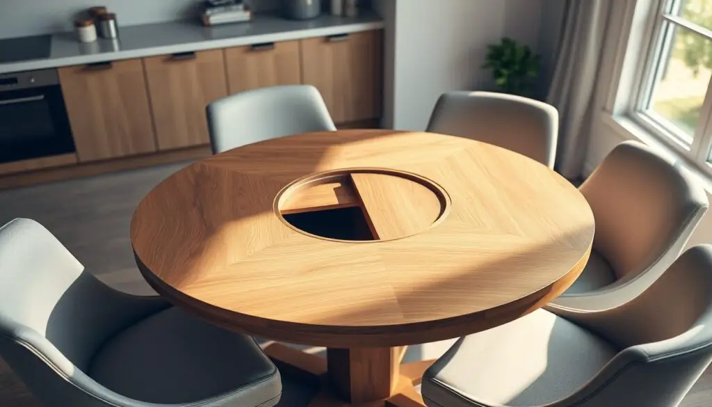 a highly detailed, photorealistic rendering of a round kitchen table with built-in storage options, captured in a warm, inviting environment. The table is made of natural wood with a smooth, polished surface, surrounded by four comfortable upholstered chairs. The table's center features a round, recessed compartment with sliding doors, revealing ample storage space for kitchen essentials. The lighting is soft and diffused, creating a cozy, homey atmosphere. The scene is set against a backdrop of modern, minimalist cabinetry and a large window, allowing natural light to flood the space. The overall composition emphasizes the practicality and elegance of the round table design, making it a focal point in the kitchen. a highly detailed, photorealistic rendering of a round kitchen table with built-in storage options, captured in a warm, inviting environment. The table is made of natural wood with a smooth, polished surface, surrounded by four comfortable upholstered chairs. The table's center features a round, recessed compartment with sliding doors, revealing ample storage space for kitchen essentials. The lighting is soft and diffused, creating a cozy, homey atmosphere. The scene is set against a backdrop of modern, minimalist cabinetry and a large window, allowing natural light to flood the space. The overall composition emphasizes the practicality and elegance of the round table design, making it a focal point in the kitchen.