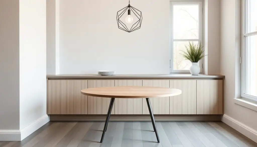 a modern, minimalist round dining table in a small kitchen setting, with a sleek, solid wood top and slender metal legs, placed against a neutral colored wall with a simple, geometric light fixture hanging overhead, creating a clean, airy atmosphere that maximizes the limited space, with natural lighting streaming in through large windows, lending a bright, serene ambiance to the scene, captured from a slightly elevated angle to showcase the table's elegant design and proportions. a modern, minimalist round dining table in a small kitchen setting, with a sleek, solid wood top and slender metal legs, placed against a neutral colored wall with a simple, geometric light fixture hanging overhead, creating a clean, airy atmosphere that maximizes the limited space, with natural lighting streaming in through large windows, lending a bright, serene ambiance to the scene, captured from a slightly elevated angle to showcase the table's elegant design and proportions.