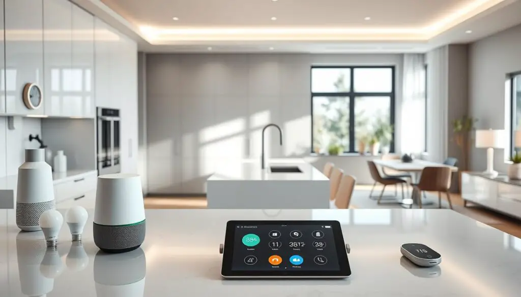 a sleek, modern kitchen interior with smart home gadgets seamlessly integrated throughout. the foreground features a smart kitchen assistant on the countertop, surrounded by a smart speaker, smart bulbs, and a smart thermostat. the middle ground showcases a minimalist kitchen island with a tablet displaying home automation controls. in the background, a large window allows natural light to flood the space, creating a bright and airy atmosphere. the overall scene conveys a sense of technological sophistication and convenience, perfectly complementing the theme of "technology integration" in the living room-dining room-kitchen combo. a sleek, modern kitchen interior with smart home gadgets seamlessly integrated throughout. the foreground features a smart kitchen assistant on the countertop, surrounded by a smart speaker, smart bulbs, and a smart thermostat. the middle ground showcases a minimalist kitchen island with a tablet displaying home automation controls. in the background, a large window allows natural light to flood the space, creating a bright and airy atmosphere. the overall scene conveys a sense of technological sophistication and convenience, perfectly complementing the theme of "technology integration" in the living room-dining room-kitchen combo.