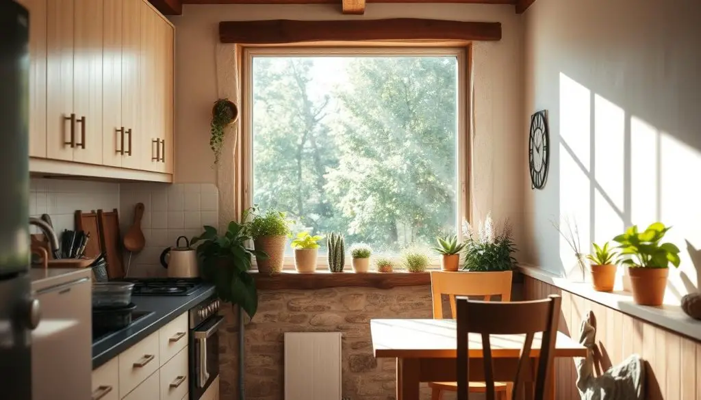 a small, cozy kitchen with a large window that lets in abundant natural light. The kitchen is filled with warm, natural textures like wood and stone, creating a inviting atmosphere. A small dining table sits by the window, allowing the occupant to enjoy the view while eating. The kitchen cabinets are a light, neutral color, keeping the space bright and airy. Sunlight streams in through the window, casting a soft glow over the entire scene. The kitchen is well-organized with clean lines and minimal clutter, emphasizing the natural light as the focal point. An array of potted plants on the windowsill add a touch of greenery, further enhancing the connection to the outdoors. a small, cozy kitchen with a large window that lets in abundant natural light. The kitchen is filled with warm, natural textures like wood and stone, creating a inviting atmosphere. A small dining table sits by the window, allowing the occupant to enjoy the view while eating. The kitchen cabinets are a light, neutral color, keeping the space bright and airy. Sunlight streams in through the window, casting a soft glow over the entire scene. The kitchen is well-organized with clean lines and minimal clutter, emphasizing the natural light as the focal point. An array of potted plants on the windowsill add a touch of greenery, further enhancing the connection to the outdoors.