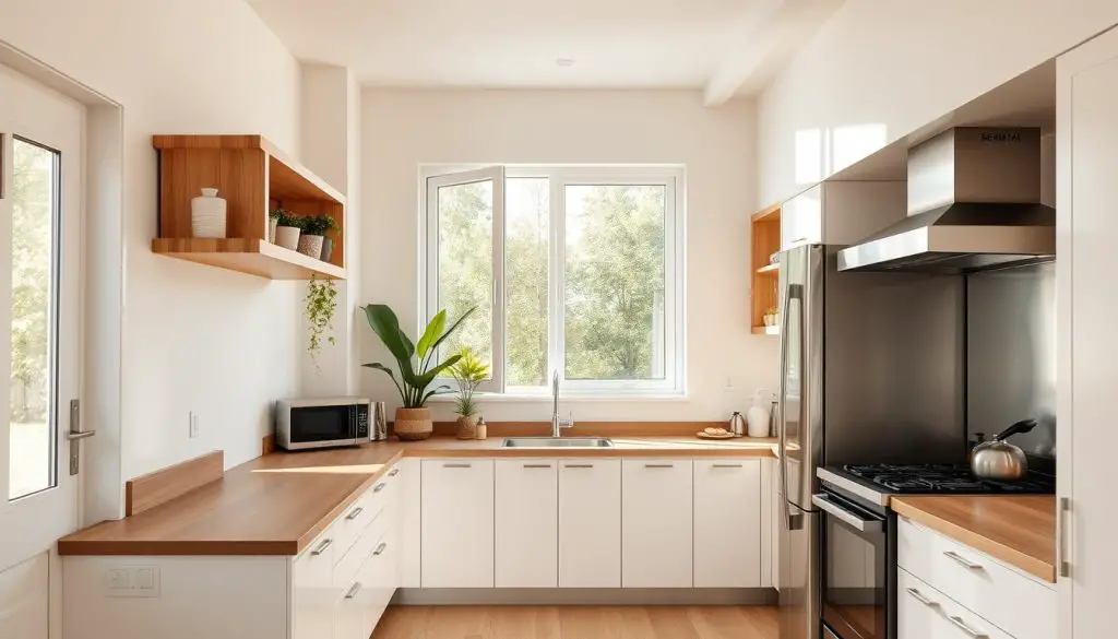 a small kitchen interior with a large window, bright and airy natural lighting, warm neutral color palette of beige, gray, and white, clean minimalist design with wooden accents, modern stainless steel appliances, open shelving with potted plants, a cozy seating area by the window, and a subtle yet striking color scheme that complements the natural light and outdoor views a small kitchen interior with a large window, bright and airy natural lighting, warm neutral color palette of beige, gray, and white, clean minimalist design with wooden accents, modern stainless steel appliances, open shelving with potted plants, a cozy seating area by the window, and a subtle yet striking color scheme that complements the natural light and outdoor views