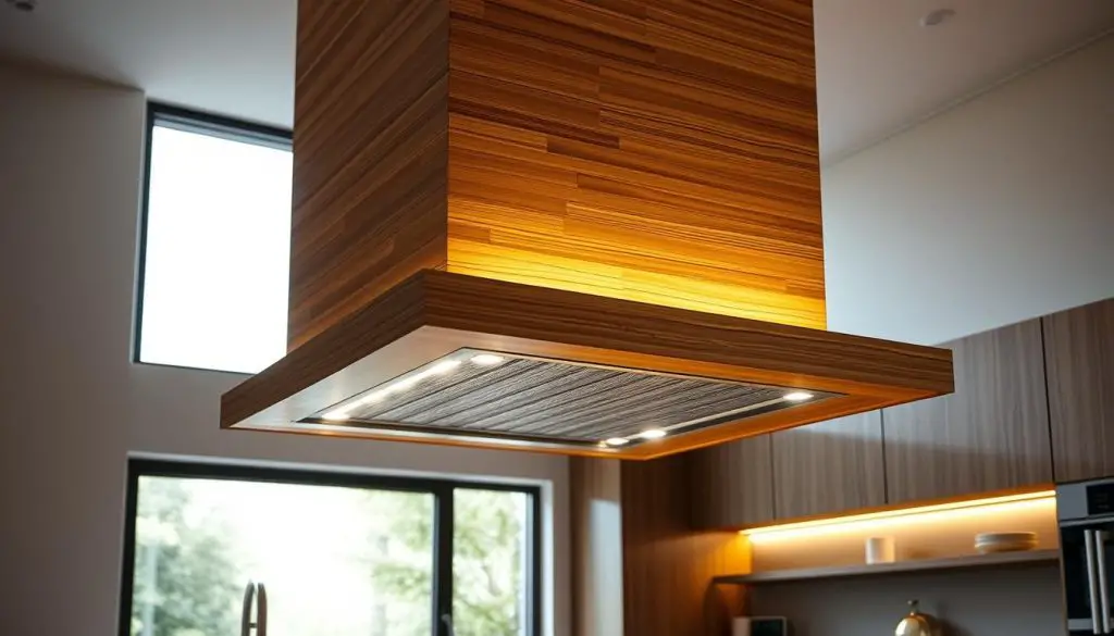 a stunningly realistic eco-friendly range hood in a modern, minimalist kitchen. The hood is crafted from natural materials like bamboo or reclaimed wood, with sleek, clean lines and a subtly textured surface. Soft, diffused lighting emanates from concealed LED strips, creating a warm, inviting ambiance. The range hood is artfully integrated into the kitchen's overall design, blending seamlessly with the surrounding cabinetry and countertops. A large window floods the space with natural light, highlighting the hood's organic aesthetic. The kitchen exudes a sense of environmental consciousness and design-forward sensibility. a stunningly realistic eco-friendly range hood in a modern, minimalist kitchen. The hood is crafted from natural materials like bamboo or reclaimed wood, with sleek, clean lines and a subtly textured surface. Soft, diffused lighting emanates from concealed LED strips, creating a warm, inviting ambiance. The range hood is artfully integrated into the kitchen's overall design, blending seamlessly with the surrounding cabinetry and countertops. A large window floods the space with natural light, highlighting the hood's organic aesthetic. The kitchen exudes a sense of environmental consciousness and design-forward sensibility.