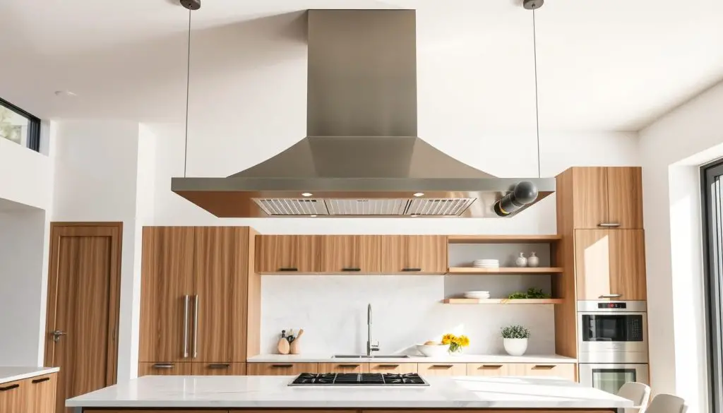 high-quality innovative kitchen hood solutions made of stainless steel, with a modern and minimalist design, suspended from the ceiling above a sleek kitchen island with quartz countertops, natural wood cabinets, and pendant lighting, in a bright, airy, and well-lit kitchen interior, with a focus on the unique shape and material of the range hood as the focal point high-quality innovative kitchen hood solutions made of stainless steel, with a modern and minimalist design, suspended from the ceiling above a sleek kitchen island with quartz countertops, natural wood cabinets, and pendant lighting, in a bright, airy, and well-lit kitchen interior, with a focus on the unique shape and material of the range hood as the focal point