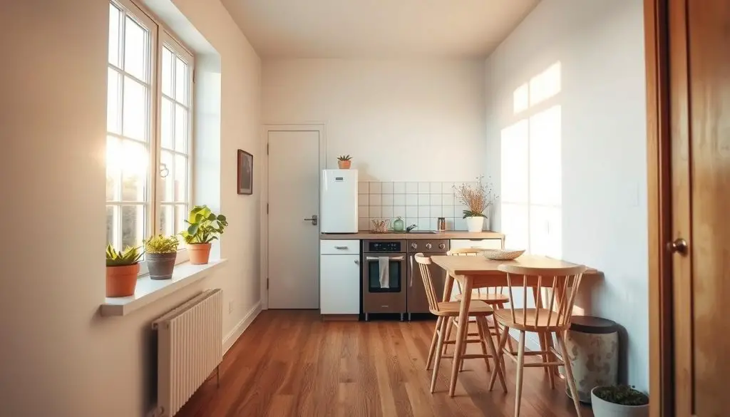 small kitchen with large window, natural light streaming in, wooden floors, white walls, minimalist design, potted plants on windowsill, simple wooden table and chairs, neutral color scheme, cozy and inviting atmosphere, wide angle lens to capture the scene, warm afternoon lighting, clean and uncluttered space, close-up view to emphasize the integration of the kitchen with the natural world outside small kitchen with large window, natural light streaming in, wooden floors, white walls, minimalist design, potted plants on windowsill, simple wooden table and chairs, neutral color scheme, cozy and inviting atmosphere, wide angle lens to capture the scene, warm afternoon lighting, clean and uncluttered space, close-up view to emphasize the integration of the kitchen with the natural world outside