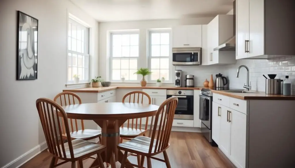 A bright, airy kitchen with a compact dining nook. In the foreground, a round wooden table is surrounded by minimalist wooden chairs, creating a cozy and functional dining area. The middle ground features a sleek, modern kitchen with white cabinets, a stainless steel appliance suite, and a clean, backsplash. The background showcases large windows, allowing natural light to flood the space and create a sense of openness. The overall atmosphere is one of efficient, stylish small-space living, with a warm, inviting ambiance.