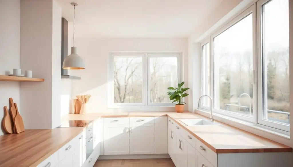 A bright, airy kitchen with large windows that flood the space with natural light. The counter tops are a light, natural wood, complemented by white cabinets and a minimalist, Scandinavian-inspired design. Sleek pendant lights hang overhead, casting a warm glow. A potted plant sits on the windowsill, adding a touch of greenery. The room is bathed in soft, diffused light, creating a calming, serene atmosphere. The camera is positioned to capture the entire kitchen, showcasing how the natural light enhances the space. A bright, airy kitchen with large windows that flood the space with natural light. The counter tops are a light, natural wood, complemented by white cabinets and a minimalist, Scandinavian-inspired design. Sleek pendant lights hang overhead, casting a warm glow. A potted plant sits on the windowsill, adding a touch of greenery. The room is bathed in soft, diffused light, creating a calming, serene atmosphere. The camera is positioned to capture the entire kitchen, showcasing how the natural light enhances the space.