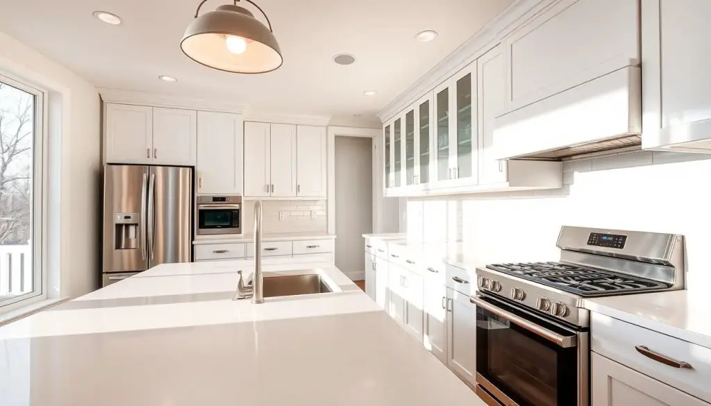 A bright, modern kitchen with a pristine white backsplash that spans the full width of the countertop. The backsplash features a clean, minimalist tile pattern that reflects the natural light streaming in from large windows. Sleek stainless steel appliances and white cabinetry create a cohesive, sophisticated aesthetic. The countertop is a crisp quartz or marble, complementing the backsplash perfectly. The lighting is a combination of recessed ceiling fixtures and pendant lamps, casting a warm, inviting glow over the space. The camera angle is slightly elevated, capturing the backsplash in full view and highlighting the seamless integration of form and function.