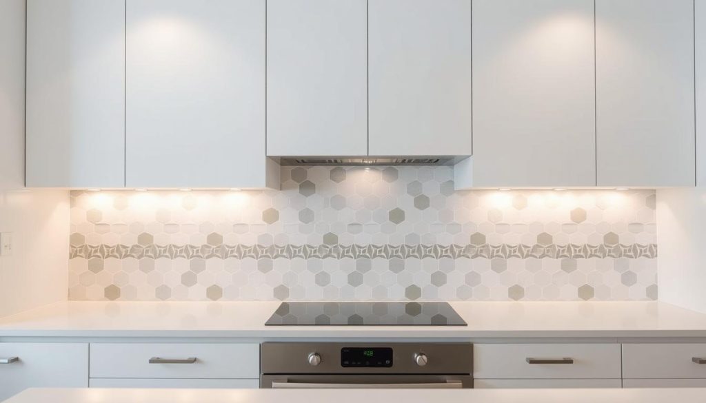 A bright, modern white kitchen with a creative backsplash that features a border of intricate tile patterns. The backsplash is the focal point, with a mix of rectangular and hexagonal tiles in shades of white, gray, and soft blues, arranged in a striking geometric design. Soft, diffused lighting from recessed ceiling fixtures casts a warm glow, highlighting the textures and shadows of the tile work. The overall scene has a clean, minimalist aesthetic, with the backsplash adding a touch of visual interest and personality to the space.
