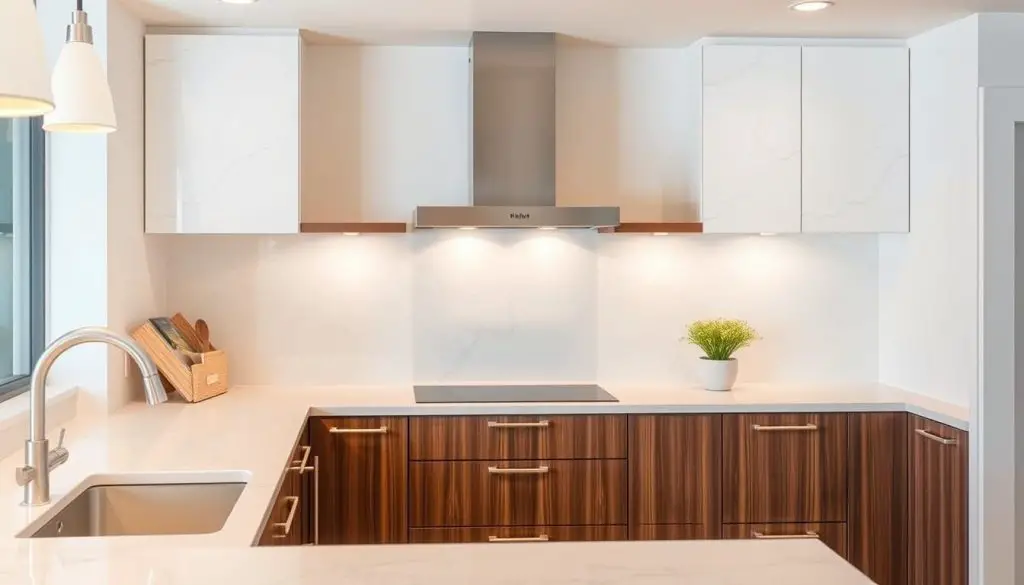A bright, well-lit kitchen with a pristine white marble backsplash that seamlessly blends with the sleek, dark wooden cabinets. The backsplash features a subtle veining pattern that adds visual interest and depth, creating a modern and sophisticated aesthetic. Warm, indirect lighting casts a soft, inviting glow, highlighting the interplay of textures and tones. The camera is positioned at a slight angle, capturing the harmonious balance between the contrasting elements and the overall cohesive design. This image showcases a timeless and elegant white kitchen backsplash that complements the dark cabinetry, perfectly embodying the essence of the "White Marble Options" section.
