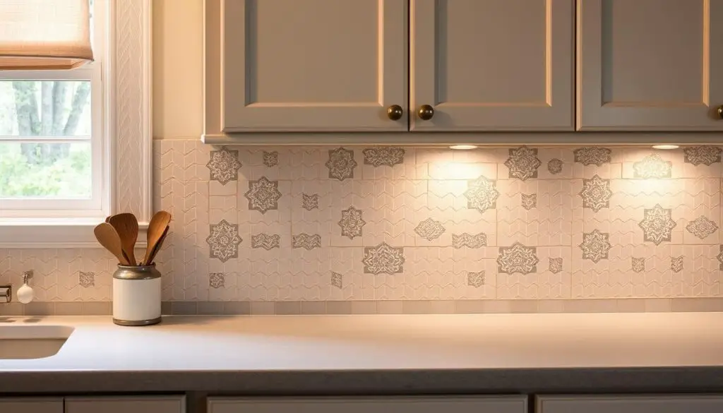 A charming kitchen backsplash with intricate tile patterns in a pastel color palette. The tiles are arranged in a herringbone design, creating a visually interesting and textured surface. The backsplash extends from the countertop to the upper cabinets, creating a cohesive and well-designed look. The lighting is soft and diffused, casting a warm glow on the backsplash and highlighting its intricate details. The overall mood is one of coziness and elegance, perfectly suited for a small lake house kitchen. A charming kitchen backsplash with intricate tile patterns in a pastel color palette. The tiles are arranged in a herringbone design, creating a visually interesting and textured surface. The backsplash extends from the countertop to the upper cabinets, creating a cohesive and well-designed look. The lighting is soft and diffused, casting a warm glow on the backsplash and highlighting its intricate details. The overall mood is one of coziness and elegance, perfectly suited for a small lake house kitchen.