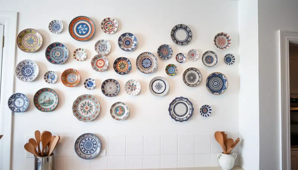 A collection of decorative plates arranged artfully on a white wall, creating a visually striking and harmonious display. The plates feature intricate patterns, vibrant colors, and varied shapes, ranging from classic round designs to more unique silhouettes. The plates are hung at different heights and angles, creating a dynamic and asymmetrical composition that adds depth and visual interest to the space. Soft, even lighting casts gentle shadows, accentuating the textures and details of the ceramic pieces. The overall atmosphere is one of elegance, creativity, and a touch of whimsy, perfectly complementing the small kitchen setting.