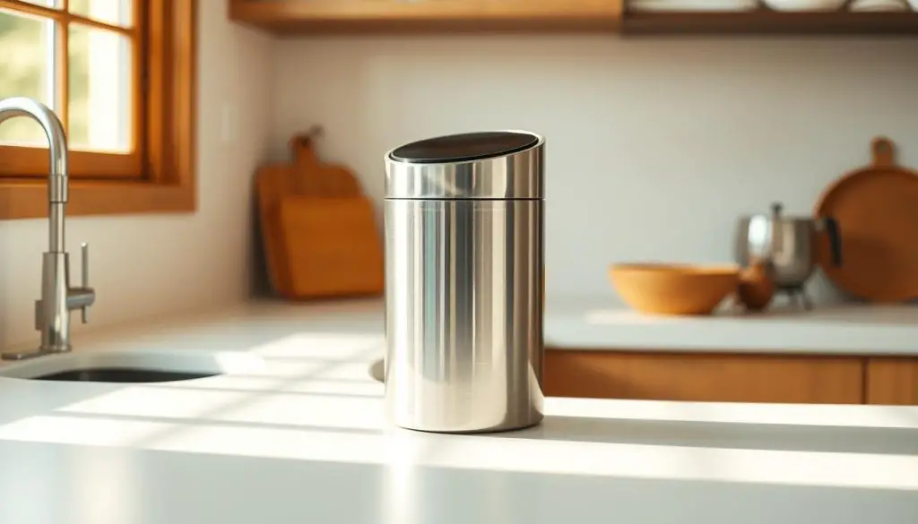 A compact, space-efficient garbage can with a modern, minimalist design. The can is positioned on a clean, white countertop, bathed in soft, natural lighting from a nearby window. The can's sleek, stainless steel exterior reflects the kitchen's warm, earthy tones, creating a cohesive and visually appealing ensemble. The can's lid is closed, showcasing its streamlined silhouette, while the interior is neatly concealed, highlighting its practical and unobtrusive nature. The overall scene conveys a sense of order, cleanliness, and a thoughtful approach to kitchen organization and waste management. A compact, space-efficient garbage can with a modern, minimalist design. The can is positioned on a clean, white countertop, bathed in soft, natural lighting from a nearby window. The can's sleek, stainless steel exterior reflects the kitchen's warm, earthy tones, creating a cohesive and visually appealing ensemble. The can's lid is closed, showcasing its streamlined silhouette, while the interior is neatly concealed, highlighting its practical and unobtrusive nature. The overall scene conveys a sense of order, cleanliness, and a thoughtful approach to kitchen organization and waste management.