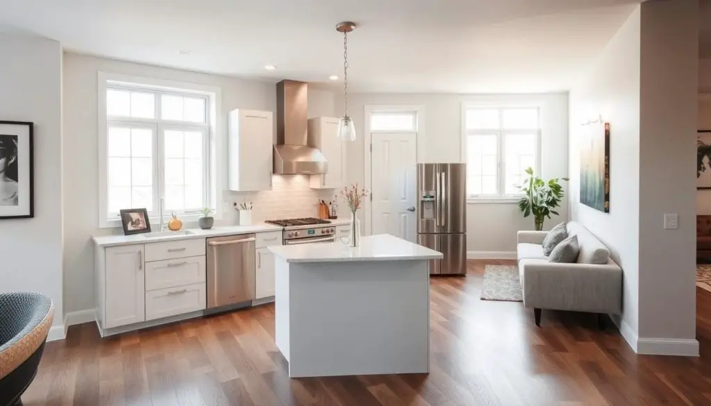 A compact, well-designed kitchen with a sleek peninsula countertop that seamlessly flows into the surrounding flooring. The kitchen features modern, light-colored cabinetry, stainless steel appliances, and ample task lighting. The flooring transitions smoothly from the kitchen into the adjoining living space, creating a cohesive and visually appealing layout. Natural light filters in through large windows, casting a warm, inviting glow over the space. The overall atmosphere is one of efficiency, functionality, and elegant simplicity, perfectly suited for the "Creating a Seamless Flow with Flooring Choices" section of the article. A compact, well-designed kitchen with a sleek peninsula countertop that seamlessly flows into the surrounding flooring. The kitchen features modern, light-colored cabinetry, stainless steel appliances, and ample task lighting. The flooring transitions smoothly from the kitchen into the adjoining living space, creating a cohesive and visually appealing layout. Natural light filters in through large windows, casting a warm, inviting glow over the space. The overall atmosphere is one of efficiency, functionality, and elegant simplicity, perfectly suited for the "Creating a Seamless Flow with Flooring Choices" section of the article.