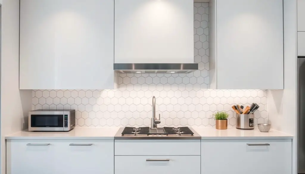A contemporary white kitchen with a stunning hexagon tile backsplash. The tiles are arranged in a clean, geometric pattern, creating a visually striking focal point. Soft, even lighting illuminates the space, casting a warm, inviting glow. The backsplash is complemented by sleek, white cabinetry and modern stainless steel appliances. The overall aesthetic is a harmonious blend of minimalism and sophistication, perfectly capturing the essence of a contemporary white kitchen design.