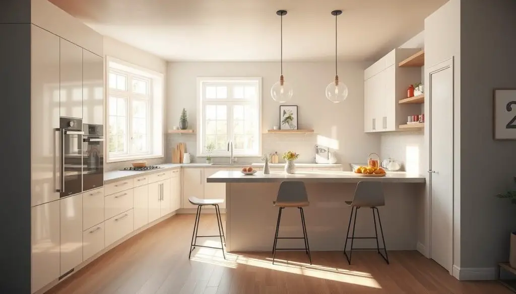 A cozy, L-shaped kitchen with a central peninsula that doubles as a breakfast bar. The space is bathed in warm, natural light filtering through large windows, creating a bright and inviting atmosphere. The kitchen features sleek, minimalist cabinetry in a soft, neutral palette, complemented by a muted, stone-like countertop that extends seamlessly onto the peninsula. Pendant lights above the peninsula provide a touch of ambient lighting, while strategically placed task lighting illuminates the cooking and prep areas. The peninsula offers ample seating, with simple, modern stools tucked neatly underneath, inviting casual dining and conversation. The overall design seamlessly blends form and function, creating a visually appealing and highly functional small kitchen space. A cozy, L-shaped kitchen with a central peninsula that doubles as a breakfast bar. The space is bathed in warm, natural light filtering through large windows, creating a bright and inviting atmosphere. The kitchen features sleek, minimalist cabinetry in a soft, neutral palette, complemented by a muted, stone-like countertop that extends seamlessly onto the peninsula. Pendant lights above the peninsula provide a touch of ambient lighting, while strategically placed task lighting illuminates the cooking and prep areas. The peninsula offers ample seating, with simple, modern stools tucked neatly underneath, inviting casual dining and conversation. The overall design seamlessly blends form and function, creating a visually appealing and highly functional small kitchen space.