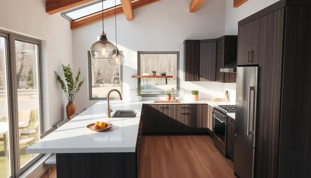 A cozy and functional modern small kitchen peninsula, illuminated by natural light streaming through large windows. The peninsula features a sleek white quartz countertop, complemented by dark wood cabinets and stainless steel appliances. Minimalist pendant lights hang overhead, casting a warm glow. The layout maximizes the available space, with ample room for food preparation and casual dining. The overall atmosphere is inviting and efficient, perfectly suited for a contemporary home. A cozy and functional modern small kitchen peninsula, illuminated by natural light streaming through large windows. The peninsula features a sleek white quartz countertop, complemented by dark wood cabinets and stainless steel appliances. Minimalist pendant lights hang overhead, casting a warm glow. The layout maximizes the available space, with ample room for food preparation and casual dining. The overall atmosphere is inviting and efficient, perfectly suited for a contemporary home.