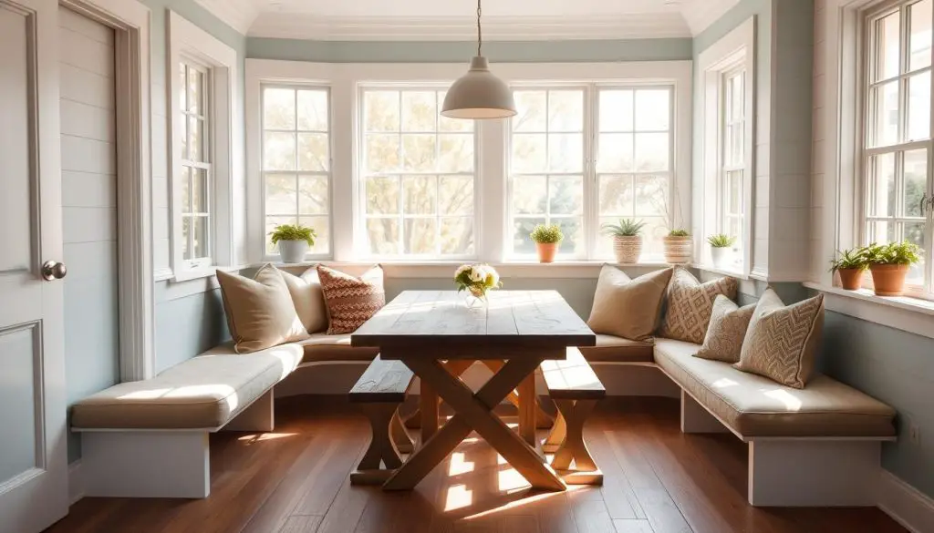 A cozy and inviting breakfast nook, bathed in warm natural light filtering through large windows. The walls are painted in a soft, soothing pastel blue, complemented by white shiplap accents. A rustic wooden table sits at the center, surrounded by plush upholstered benches in a complementary neutral tone. Decorative throw pillows in earthy tones and patterns add pops of color and texture. Overhead, a simple pendant light fixture casts a gentle glow, while potted plants on the windowsill bring a touch of greenery. The scene exudes a sense of comfort and relaxation, perfect for enjoying a leisurely morning meal.