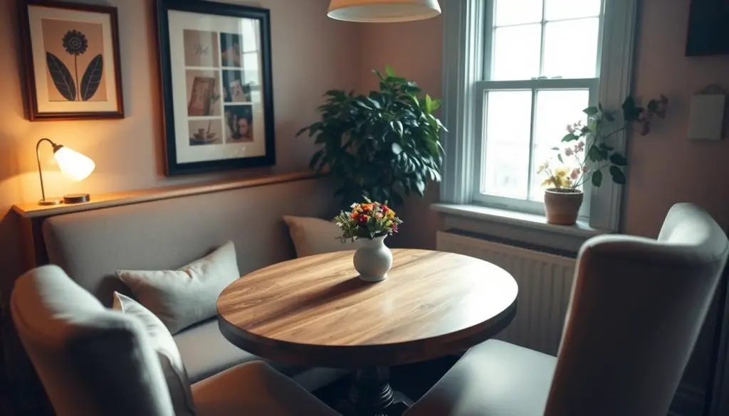 A cozy and inviting breakfast nook with a rustic wood table, comfy upholstered chairs, and a large window that lets in natural light. A lush potted plant and a few personal touches like framed artwork and a vintage-inspired vase with fresh flowers adorn the space, creating a charming and intimate atmosphere. The lighting is soft and warm, casting a gentle glow over the entire scene. The camera angle is from a slightly elevated perspective, capturing the nook's coziness and attention to detail.