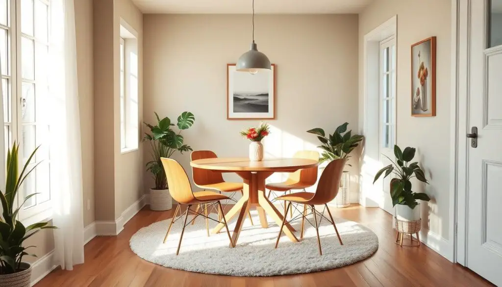 A cozy and inviting small apartment dining area, bathed in soft, natural light streaming through large windows. A round wooden table with sleek modern chairs sits atop a plush area rug, creating a warm and intimate atmosphere. The walls are adorned with minimal, tasteful artwork, while a pendant light fixture casts a gentle glow over the scene. Potted plants and a vase of fresh flowers add a touch of greenery, complementing the muted color palette. The overall impression is one of a welcoming, well-curated space that encourages relaxed conversation and leisurely meals.