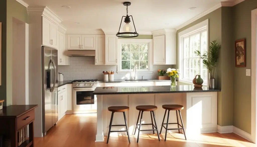A cozy and inviting small kitchen with a peninsula bar that features a warm color scheme. The kitchen has white shaker-style cabinets, complemented by light-colored wood floors and a contrasting dark granite countertop on the peninsula. Overhead, a modern farmhouse-style pendant light casts a soft glow, illuminating the bar stools tucked neatly under the counter. The walls are painted in a soothing sage green hue, adding depth and character to the space. Natural light streams in through a large window, creating a bright and airy atmosphere. The kitchen exudes a harmonious blend of classic and contemporary elements, perfect for enhancing the aesthetic of a small cooking space. A cozy and inviting small kitchen with a peninsula bar that features a warm color scheme. The kitchen has white shaker-style cabinets, complemented by light-colored wood floors and a contrasting dark granite countertop on the peninsula. Overhead, a modern farmhouse-style pendant light casts a soft glow, illuminating the bar stools tucked neatly under the counter. The walls are painted in a soothing sage green hue, adding depth and character to the space. Natural light streams in through a large window, creating a bright and airy atmosphere. The kitchen exudes a harmonious blend of classic and contemporary elements, perfect for enhancing the aesthetic of a small cooking space.
