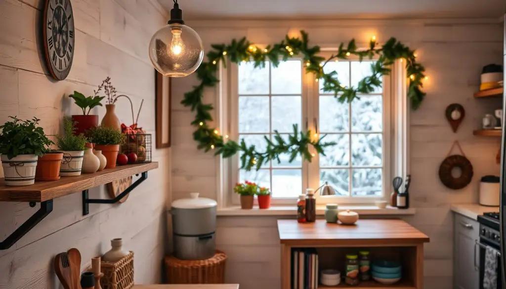 A cozy and inviting small kitchen with seasonal decorations, featuring a variety of storage solutions. In the foreground, a rustic wooden shelf displays a collection of potted herbs, small vases, and a woven basket. Hanging from the ceiling, a delicate glass orb pendant light casts a warm glow. The middle ground showcases a compact kitchen island with open shelving, housing jars of spices, cookbooks, and a few colorful ceramic pieces. In the background, a window overlooking a snowy winter landscape adds a touch of seasonal charm, complemented by a garland of evergreen boughs and twinkling fairy lights on the windowsill.