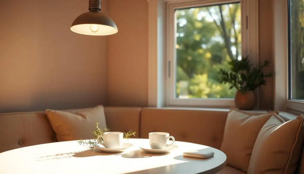 A cozy breakfast nook, bathed in warm, soft lighting from a pair of pendants overhead. The table is set with a simple, minimalist place setting - a white ceramic plate, a sprig of greenery, and a steaming mug of coffee. The walls are a soothing neutral tone, and a large window nearby floods the space with natural daylight, casting a gentle glow. Plush, inviting seating in a neutral tone completes the serene, intimate vibe, perfect for starting the day with a moment of tranquility.