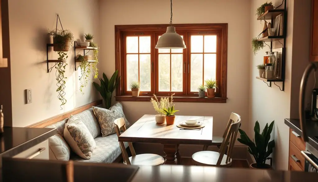 A cozy breakfast nook nestled in a small kitchen, featuring a built-in bench with plush cushions and decorative throw pillows. The nook is framed by a large window that floods the space with warm, natural light, casting a soft glow on the rustic wood table and complementary chairs. Delicate potted plants and a hanging plant add a touch of greenery, while a set of wall-mounted shelves display decorative items, creating a charming and functional display. The overall scene exudes a welcoming, inviting atmosphere, perfect for starting the day with a cup of coffee and a delightful meal.