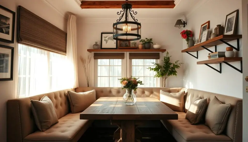 A cozy breakfast nook with a rustic wooden table, surrounded by plush, upholstered benches and chairs. Soft, natural lighting filters through sheer curtains, casting a warm glow on the scene. A beautiful pendant light fixture, made of wrought iron and glass, hangs overhead, adding to the ambient illumination. The walls are adorned with framed artwork and shelves displaying decorative items, creating a charming, homey atmosphere. Potted plants and a vase of fresh flowers on the table complete the inviting, farmhouse-inspired setting. A cozy breakfast nook with a rustic wooden table, surrounded by plush, upholstered benches and chairs. Soft, natural lighting filters through sheer curtains, casting a warm glow on the scene. A beautiful pendant light fixture, made of wrought iron and glass, hangs overhead, adding to the ambient illumination. The walls are adorned with framed artwork and shelves displaying decorative items, creating a charming, homey atmosphere. Potted plants and a vase of fresh flowers on the table complete the inviting, farmhouse-inspired setting.