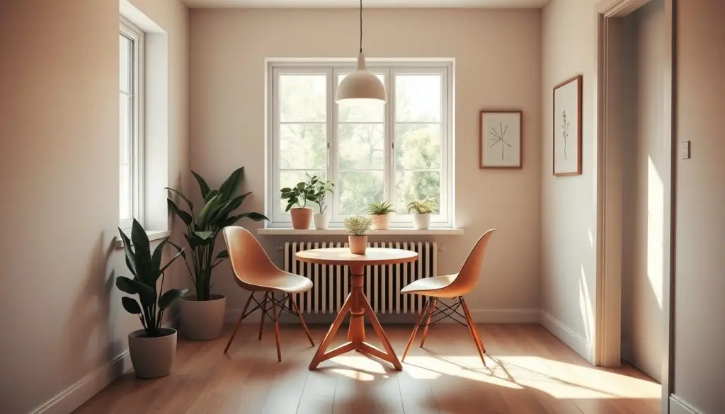 A cozy breakfast nook with minimalist design, bathed in warm, natural light from a large window. A small, round wooden table with two sleek, low-profile chairs, a modern pendant light casting a soft glow. Potted plants and a simple artwork piece on the wall add a touch of greenery and visual interest. The floor is a light, hardwood material, and the walls are painted in a calming, neutral tone. An atmosphere of tranquility and simplicity, inviting you to start your day in quiet contemplation.