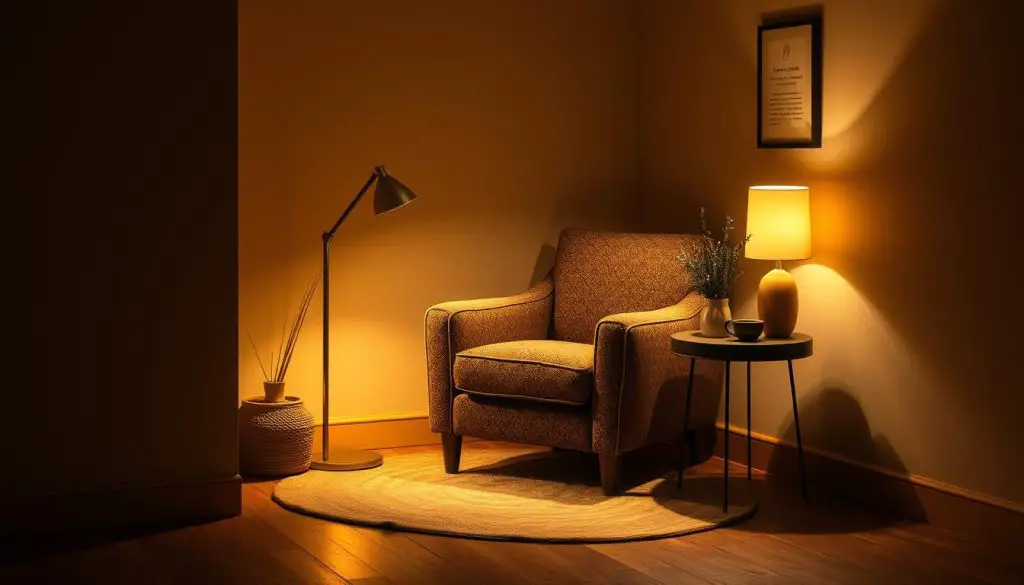 A cozy corner nook design with a plush armchair nestled in a warm, dimly lit space. Soft lighting from a table lamp casts a golden glow, creating an intimate atmosphere. The chair is upholstered in a rich, textured fabric, inviting you to sink in and curl up with a good book. A small side table holds a steaming mug and a decorative plant, adding a touch of nature. The nook is positioned in the corner of the room, surrounded by neutral-toned walls and a wooden floor, forming a inviting, sanctuary-like retreat.