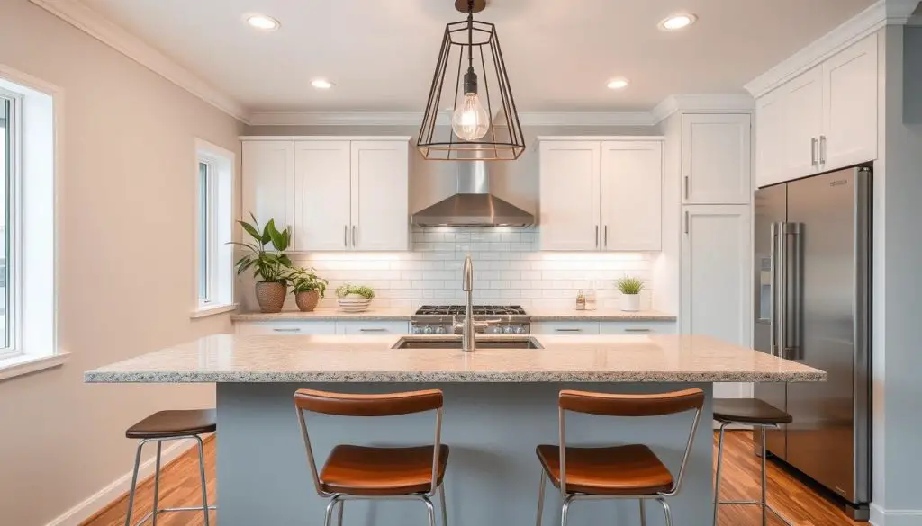 A cozy, intimate kitchen peninsula seating area, with a sleek, modern design. The peninsula features a smooth, granite countertop in a warm, earthy tone, complemented by minimalist, metal bar stools with leather upholstery. Soft, indirect lighting from recessed ceiling fixtures casts a gentle glow, creating a inviting ambiance. The background showcases crisp, white cabinetry and subway tile backsplash, adding a sense of clean, contemporary style. Potted greenery and a statement pendant light above the peninsula add personalized, decorative touches, tying the scene together harmoniously. A cozy, intimate kitchen peninsula seating area, with a sleek, modern design. The peninsula features a smooth, granite countertop in a warm, earthy tone, complemented by minimalist, metal bar stools with leather upholstery. Soft, indirect lighting from recessed ceiling fixtures casts a gentle glow, creating a inviting ambiance. The background showcases crisp, white cabinetry and subway tile backsplash, adding a sense of clean, contemporary style. Potted greenery and a statement pendant light above the peninsula add personalized, decorative touches, tying the scene together harmoniously.