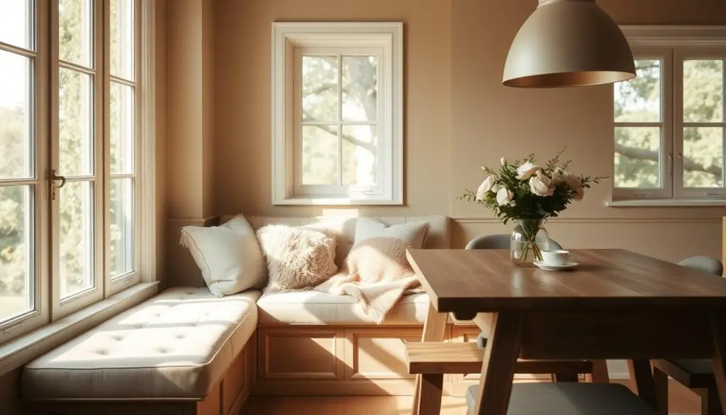 A cozy kitchen nook with a plush, tufted bench nestled in a bright, airy corner. Soft, diffused natural light filters through large windows, casting a warm, inviting glow. The bench is adorned with fluffy, neutral-toned pillows and a cozy throw. Nearby, a sleek wooden table with a simple vase of fresh flowers adds a touch of rustic elegance. The walls are painted in a soothing, earthy tone, complementing the natural wood tones and creating a harmonious, welcoming atmosphere. The space is designed to be a tranquil retreat, perfect for casual dining, relaxing with a cup of coffee, or simply taking in the serene, intimate ambiance.