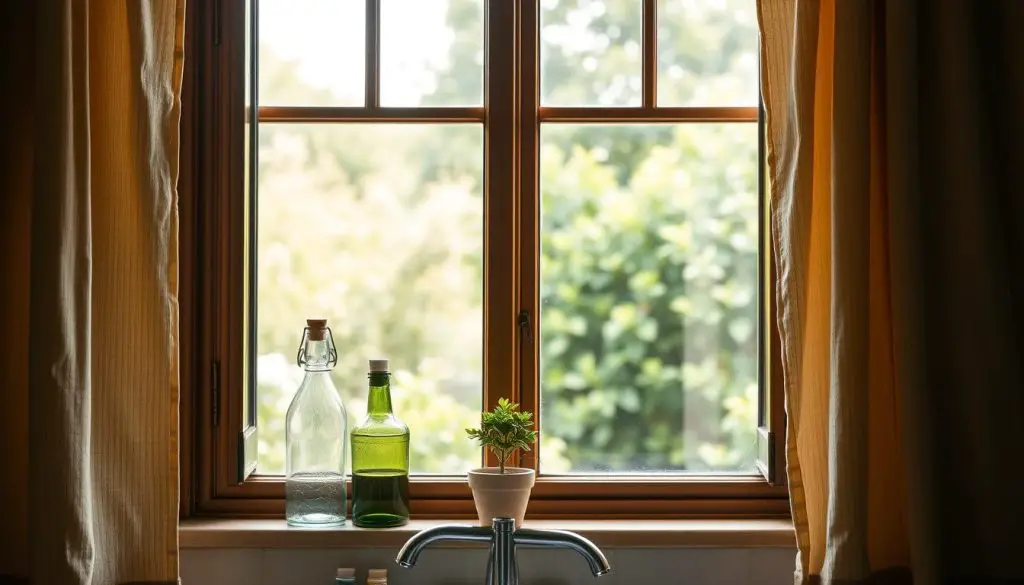 A cozy kitchen window bathed in warm, natural light. Decorative glass bottles, a small potted plant, and a vintage-inspired wooden frame accent the sill. Soft, textured curtains frame the window, creating a welcoming, homey atmosphere. The window overlooks a lush, verdant garden, providing a peaceful, nature-inspired view. Shallow depth of field emphasizes the intimate, focused decor. Lighting is soft and diffused, accentuating the rustic, earthy tones of the materials. The overall scene exudes a sense of relaxation and thoughtful, functional design.