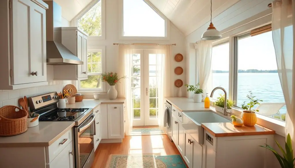 A cozy lake house kitchen bathed in warm, natural light streaming through large windows overlooking a serene, shimmering lake. The bright, airy space features clean white cabinetry accented with cheerful pops of color - vibrant aqua, sunny yellow, and soft pastel hues. Sleek stainless steel appliances and a farmhouse-style sink complement the modern rustic aesthetic. Woven wicker accents and lush greenery add organic texture, while sheer curtains gently billow, creating a breezy, inviting ambiance. The overall scene radiates a sense of calm, tranquil living in harmony with the picturesque lakeside setting. A cozy lake house kitchen bathed in warm, natural light streaming through large windows overlooking a serene, shimmering lake. The bright, airy space features clean white cabinetry accented with cheerful pops of color - vibrant aqua, sunny yellow, and soft pastel hues. Sleek stainless steel appliances and a farmhouse-style sink complement the modern rustic aesthetic. Woven wicker accents and lush greenery add organic texture, while sheer curtains gently billow, creating a breezy, inviting ambiance. The overall scene radiates a sense of calm, tranquil living in harmony with the picturesque lakeside setting.