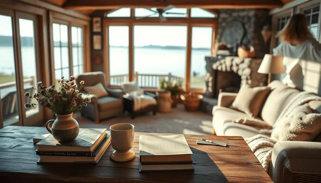 A cozy lakehouse interior with warm, inviting lighting. In the foreground, a rustic wooden table is adorned with personal touches - a vase of fresh wildflowers, a stack of worn books, and a handcrafted ceramic mug. The middle ground features plush, neutral-toned furnishings, including a cozy armchair and a loveseat facing a stone fireplace. Soft textures like knit throws and woven baskets create a sense of comfort. In the background, large windows frame a serene view of the lake, allowing natural light to flood the space. The overall mood is one of relaxation and personal reflection. A cozy lakehouse interior with warm, inviting lighting. In the foreground, a rustic wooden table is adorned with personal touches - a vase of fresh wildflowers, a stack of worn books, and a handcrafted ceramic mug. The middle ground features plush, neutral-toned furnishings, including a cozy armchair and a loveseat facing a stone fireplace. Soft textures like knit throws and woven baskets create a sense of comfort. In the background, large windows frame a serene view of the lake, allowing natural light to flood the space. The overall mood is one of relaxation and personal reflection.