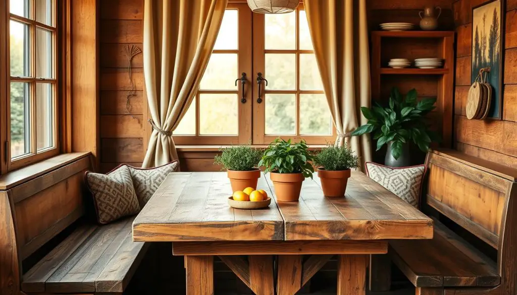 A cozy rustic breakfast nook with warm, natural wood furnishings. A sturdy farmhouse-style table with distressed finish, paired with weathered wooden benches. Lush, verdant plants in terracotta pots adorn the tabletop. Soft, golden light filters in through a large, curtain-framed window, casting a gentle glow across the scene. The overall atmosphere is one of inviting, homespun charm, welcoming the viewer to linger and savor a leisurely morning meal.