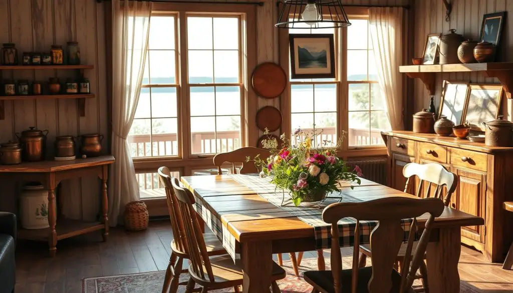 A cozy rustic lake house decor featuring a warm, inviting atmosphere. In the foreground, a wooden dining table with mismatched vintage chairs, adorned with a plaid tablecloth and a centerpiece of fresh wildflowers. On the walls, distressed wooden shelves displaying an eclectic mix of antique jars, copper pots, and framed nature photographs. In the background, large windows offering a panoramic view of the tranquil lake, with soft, natural lighting filtering through sheer curtains. The overall mood is one of relaxation and connection with the great outdoors, creating a harmonious blend of rustic charm and lakeside serenity. A cozy rustic lake house decor featuring a warm, inviting atmosphere. In the foreground, a wooden dining table with mismatched vintage chairs, adorned with a plaid tablecloth and a centerpiece of fresh wildflowers. On the walls, distressed wooden shelves displaying an eclectic mix of antique jars, copper pots, and framed nature photographs. In the background, large windows offering a panoramic view of the tranquil lake, with soft, natural lighting filtering through sheer curtains. The overall mood is one of relaxation and connection with the great outdoors, creating a harmonious blend of rustic charm and lakeside serenity.