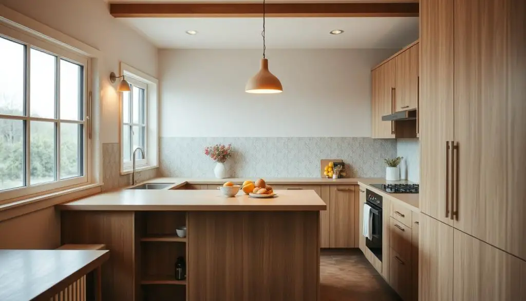A cozy small galley kitchen with a central peninsula featuring warm pendant lighting above. The kitchen countertops are a neutral tone, complementing the wooden cabinetry. The backsplash is a subtle textured tile in a soft grey. A large window floods the space with natural light, casting a gentle glow across the clean, minimalist design. Soft task lighting illuminates the peninsula, creating a welcoming and intimate atmosphere perfect for casual dining or meal preparation. The overall scene evokes a sense of domestic comfort and functionality within a compact footprint. A cozy small galley kitchen with a central peninsula featuring warm pendant lighting above. The kitchen countertops are a neutral tone, complementing the wooden cabinetry. The backsplash is a subtle textured tile in a soft grey. A large window floods the space with natural light, casting a gentle glow across the clean, minimalist design. Soft task lighting illuminates the peninsula, creating a welcoming and intimate atmosphere perfect for casual dining or meal preparation. The overall scene evokes a sense of domestic comfort and functionality within a compact footprint.