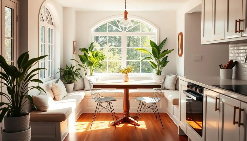 A cozy, sun-drenched breakfast nook in a small, contemporary kitchen. The space features a plush, L-shaped bench with comfortable cushions, surrounding a sleek, wooden table with minimalist, metal chairs. The nook is framed by large, arched windows that flood the area with warm, natural light, creating a bright and inviting atmosphere. Lush, potted plants and a simple, yet stylish light fixture add touches of greenery and understated elegance. The kitchen's clean, white cabinetry and backsplash provide a crisp, modern contrast, while the hardwood floors lend a sense of warmth. The overall design effortlessly blends functionality and style, optimizing the limited square footage with a charming and practical solution.